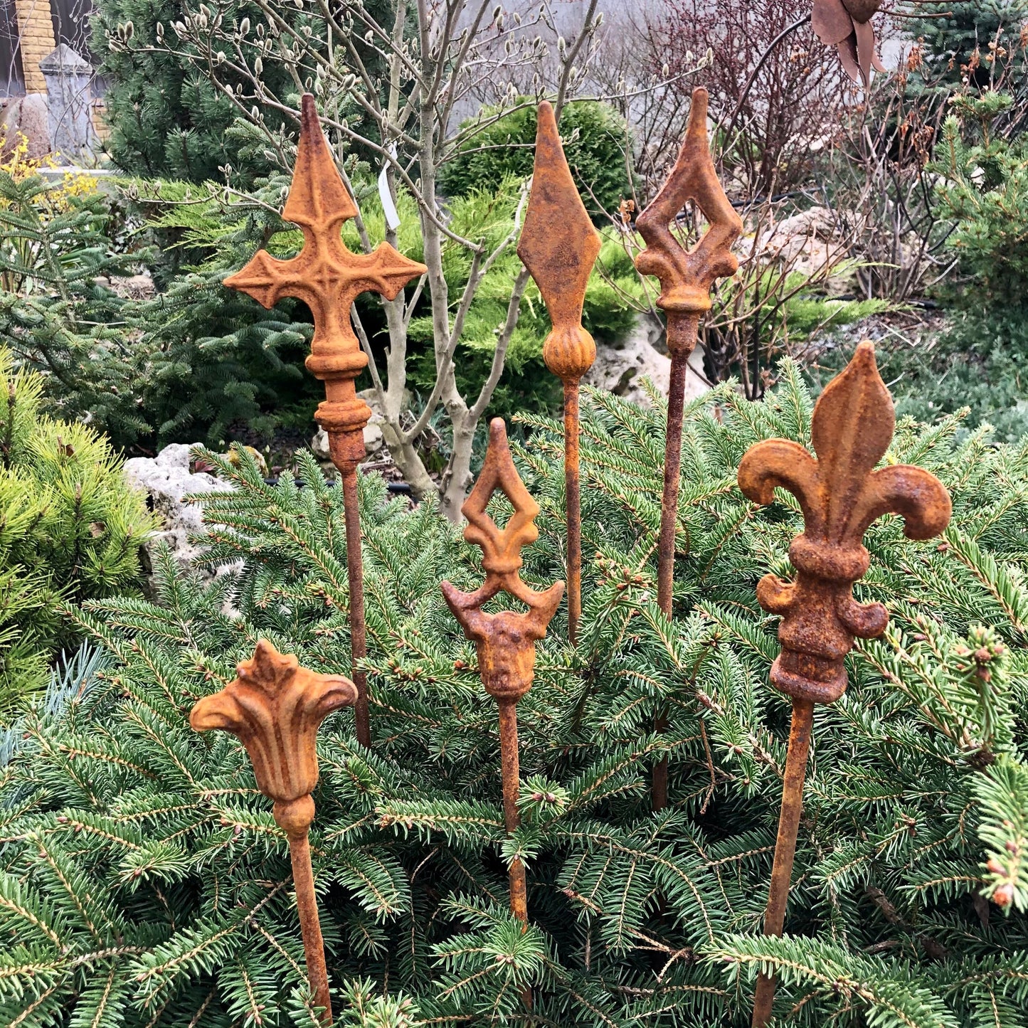 Rusty finials set of 6, 6 Rusty finials garden stakes, Metal garden decor, metal yard art, outdoor metal decor, Rusty metal garden decor