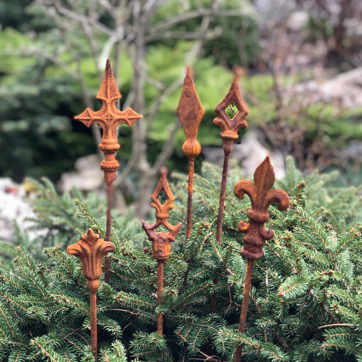 Rusty finials set of 6, 6 Rusty finials garden stakes, Metal garden decor, metal yard art, outdoor metal decor, Rusty metal garden decor