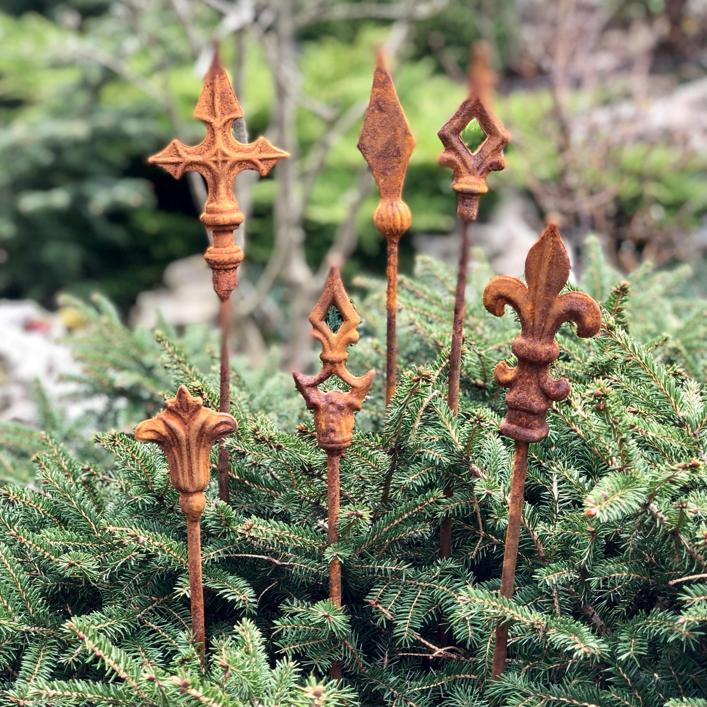 Rusty finials set of 6, 6 Rusty finials garden stakes, Metal garden decor, metal yard art, outdoor metal decor, Rusty metal garden decor