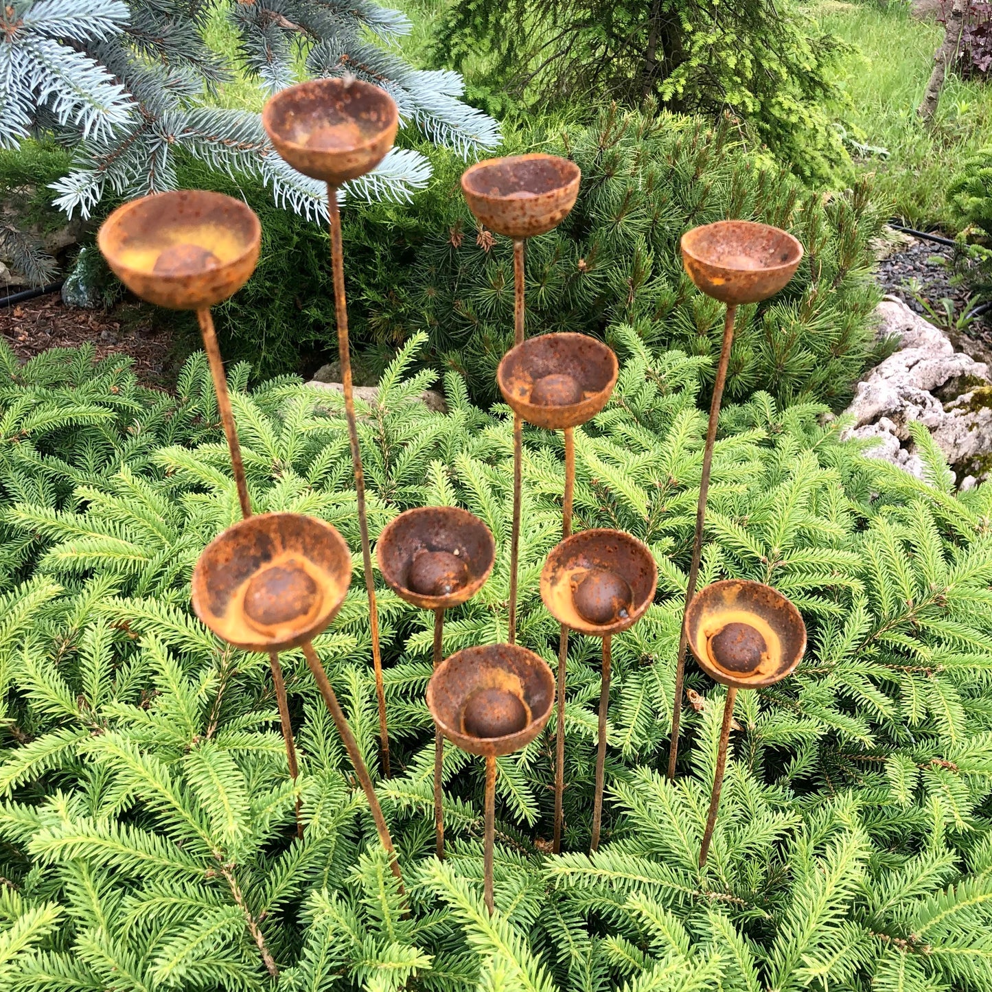 Rusty flowers set of 10, Flowers garden decor, Metal garden decor, metal yard art, outdoor metal decor, Rusty metal rain catchers