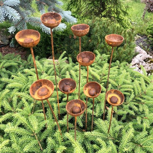 Rusty flowers set of 10, Flowers garden decor, Metal garden decor, metal yard art, outdoor metal decor, Rusty metal rain catchers