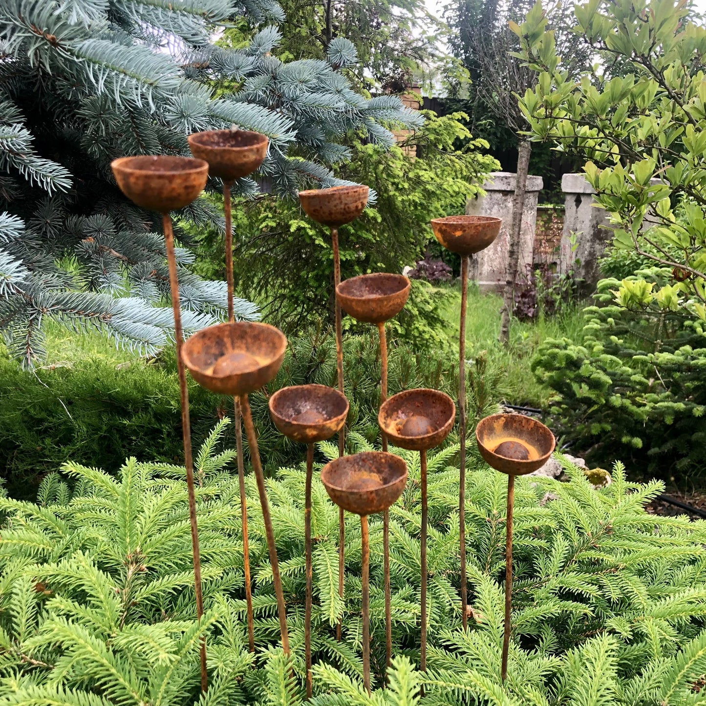 Rusty flowers set of 10, Flowers garden decor, Metal garden decor, metal yard art, outdoor metal decor, Rusty metal rain catchers