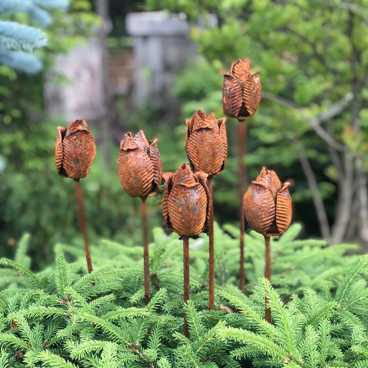 Rusty flowers set of 6, Tulips flowers garden decor, Metal garden decor, metal yard art, outdoor metal decor, Rusty metal garden decor