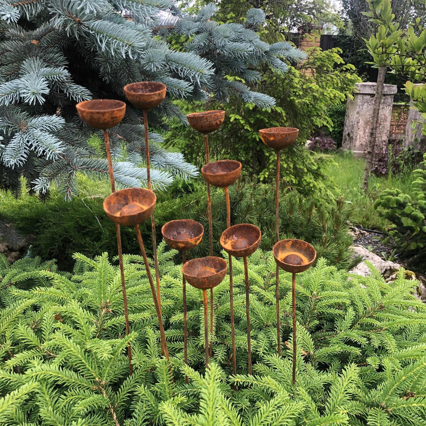 Rusty flowers set of 10, Flowers garden decor, Metal garden decor, metal yard art, outdoor metal decor, Rusty metal rain catchers