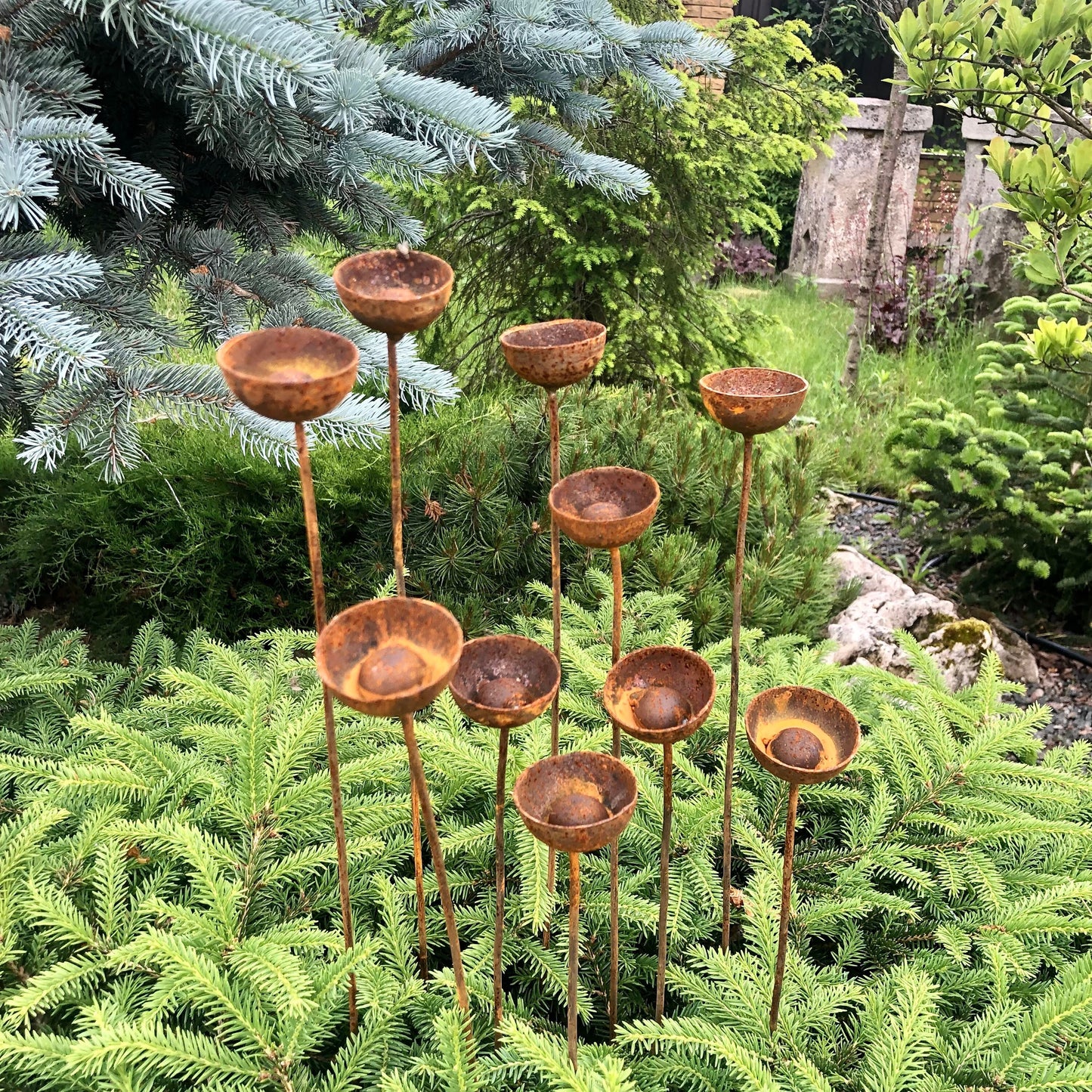 Rusty flowers set of 10, Flowers garden decor, Metal garden decor, metal yard art, outdoor metal decor, Rusty metal rain catchers