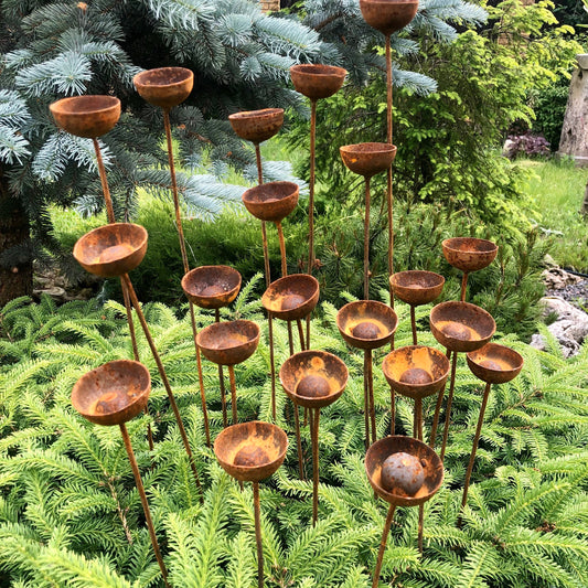 Rusty flowers set of 20, Flowers garden decor, Metal garden decor, metal yard art, outdoor metal decor, Rusty metal rain catchers