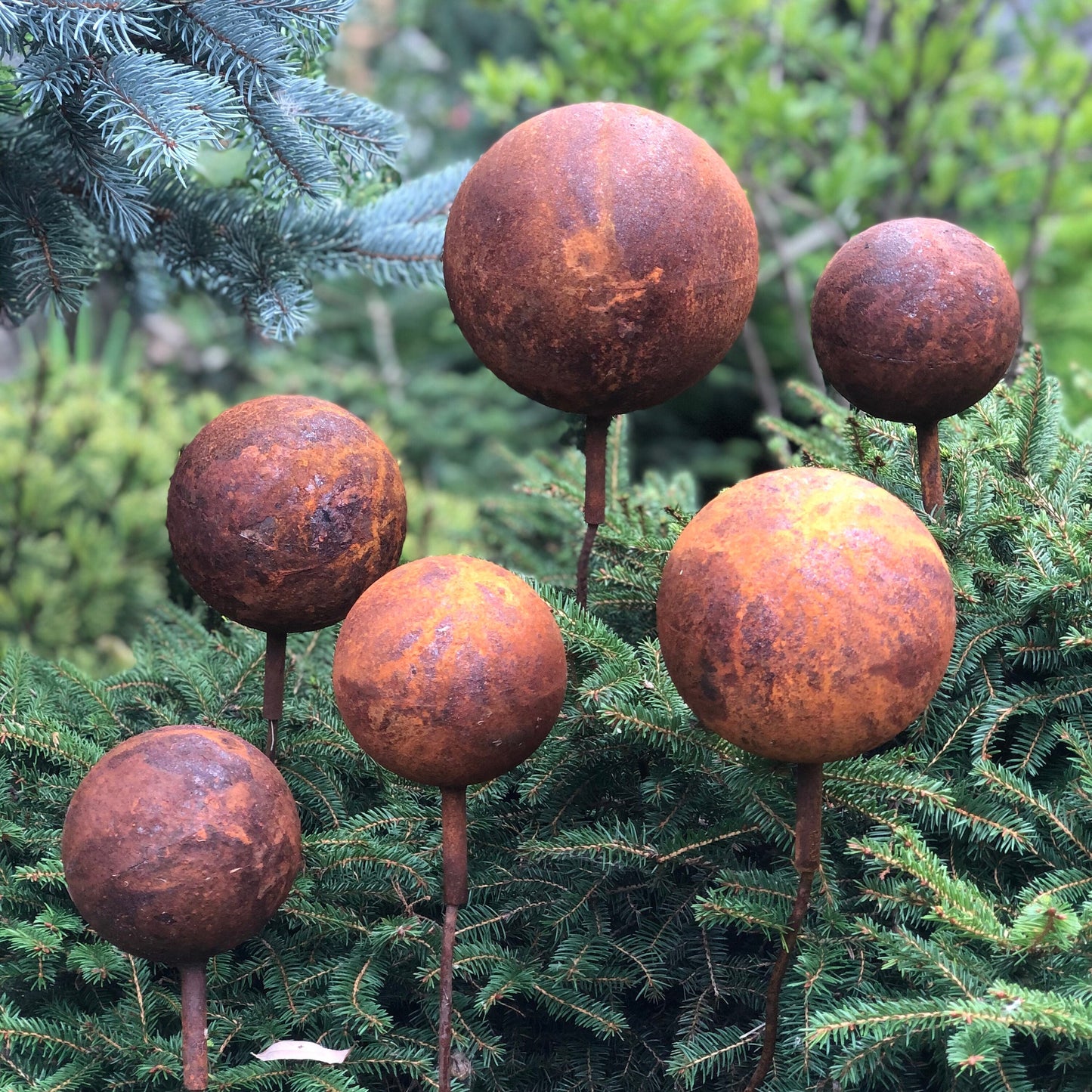 Set of 6 Rusty Metal Balls on Stakes: Unique Rusty Garden Decor for Your Outdoor Space.