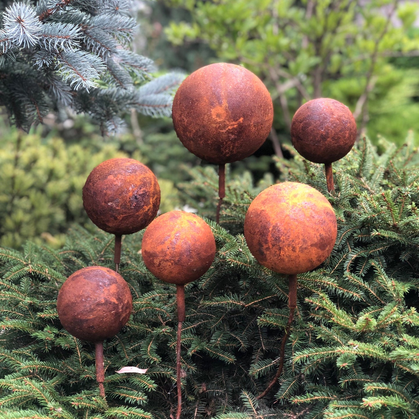 Set of 6 Rusty Metal Balls on Stakes: Unique Rusty Garden Decor for Your Outdoor Space.