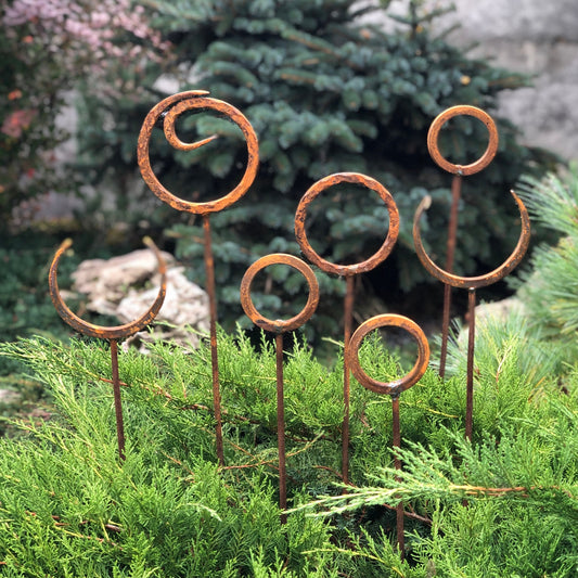 Set of 7 Rusty Metal Garden Stakes: Outdoor Yard Art and Decor.