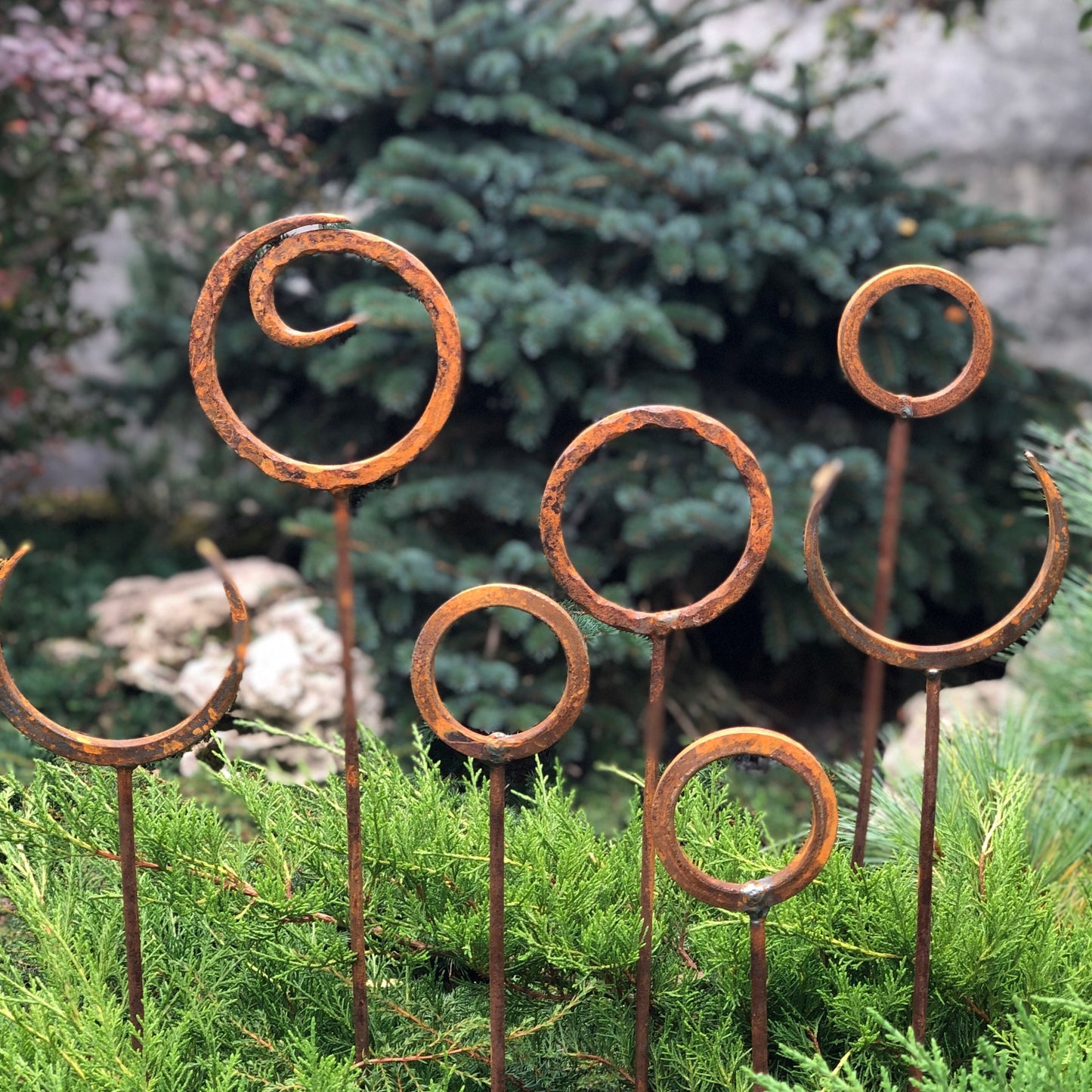 Set of 7 Rusty Metal Garden Stakes: Outdoor Yard Art and Decor.