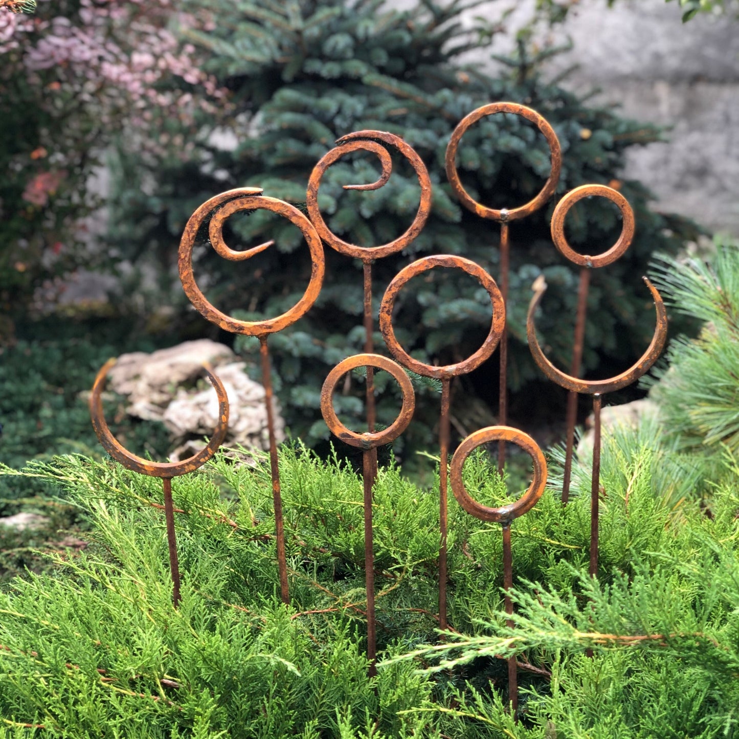 Set of 9 Rusty Metal garden stakes, Rusty metal ring decor