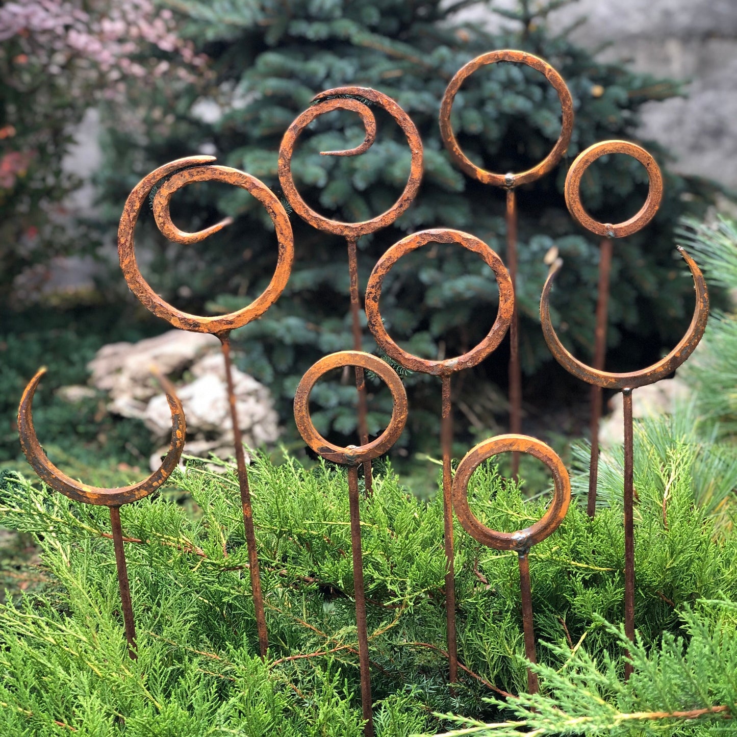 Set of 9 Rusty Metal garden stakes, Rusty metal ring decor