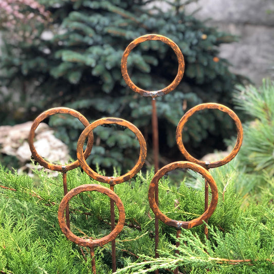 Set of 6 Rusty Metal Garden Stakes and Finials: Unique Outdoor Metal Yard Art and Decor.