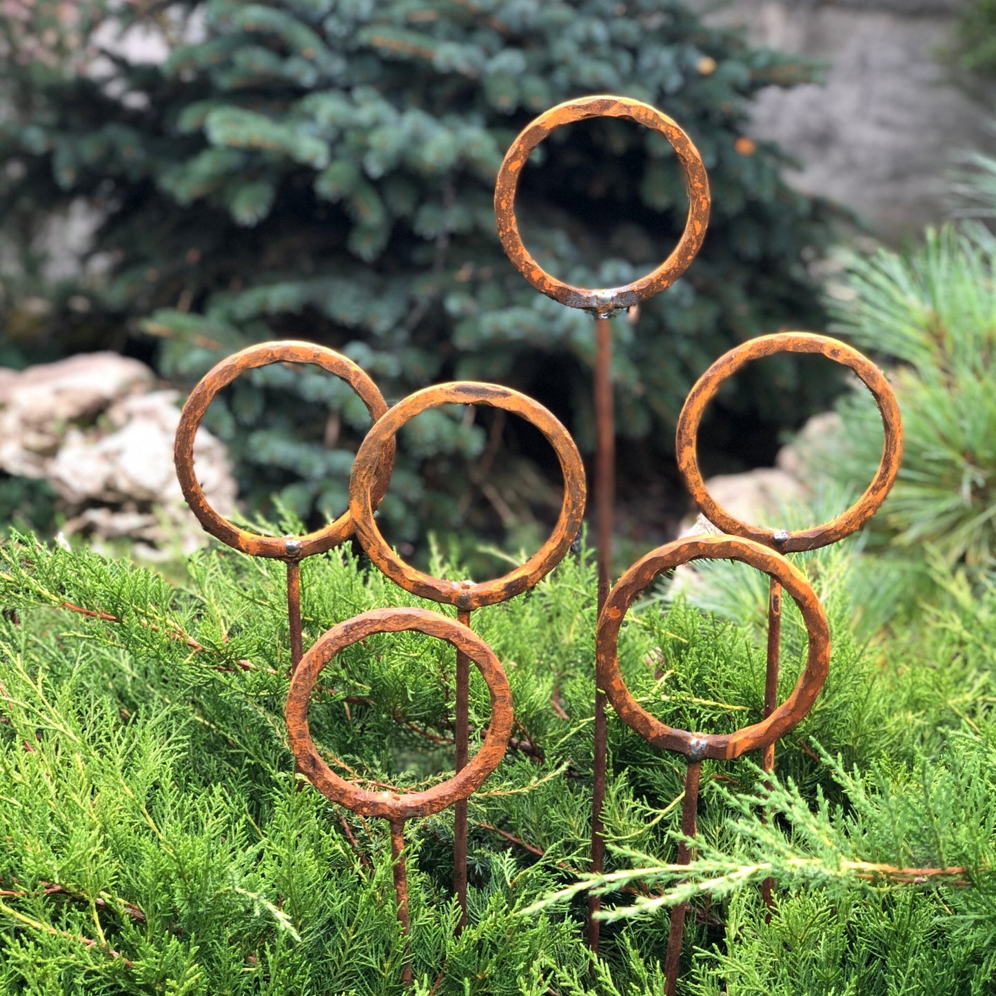 Set of 6 Rusty Metal Garden Stakes and Finials: Unique Outdoor Metal Yard Art and Decor.