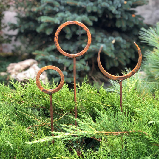 Set of 3 Rusty Metal Garden Stakes and Finials: Unique Rustic Metal Decor for Your Outdoor Garden.