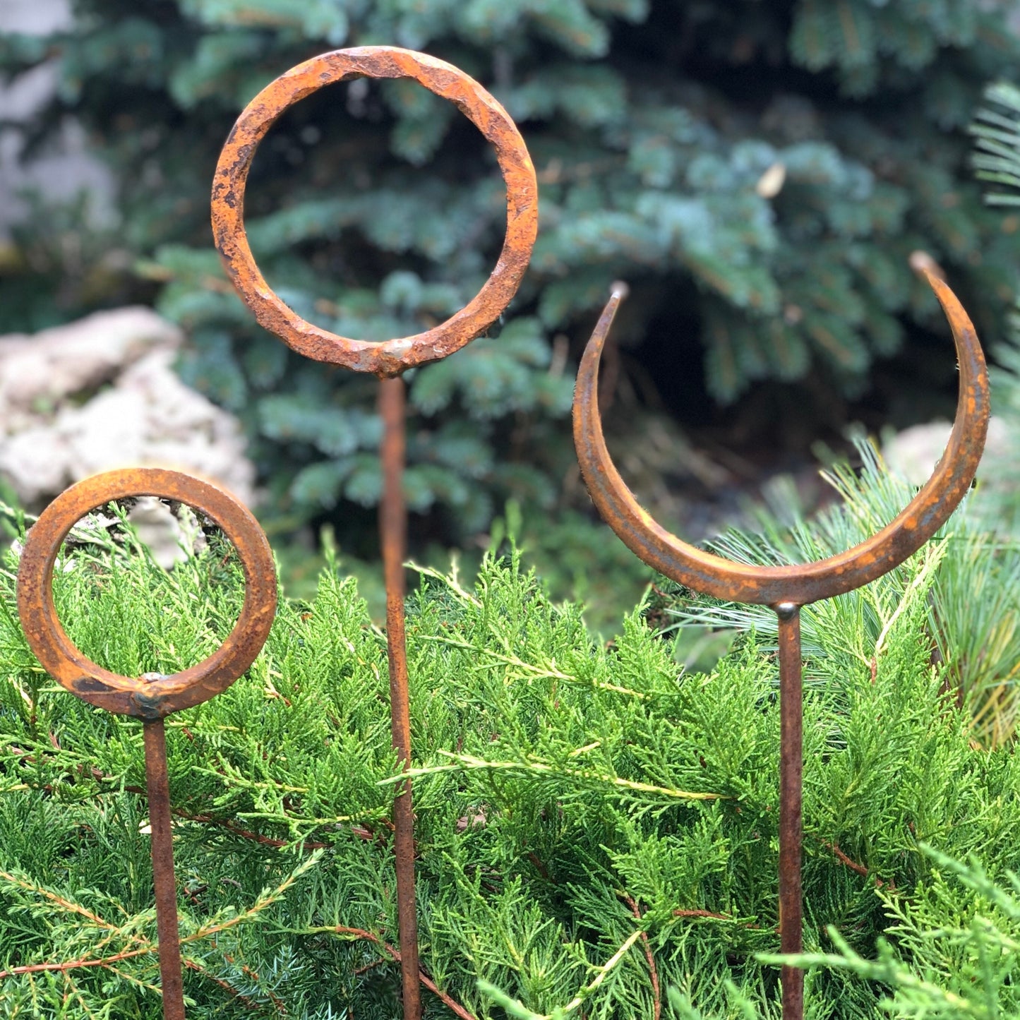 Set of 3 Rusty Metal Garden Stakes and Finials: Unique Rustic Metal Decor for Your Outdoor Garden.