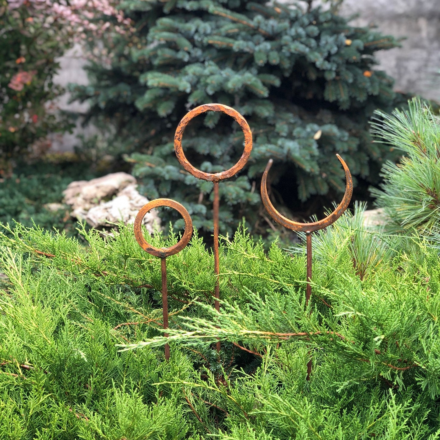 Set of 3 Rusty Metal Garden Stakes and Finials: Unique Rustic Metal Decor for Your Outdoor Garden.