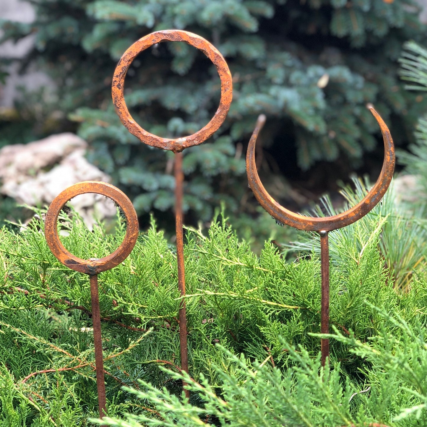 Set of 3 Rusty Metal Garden Stakes and Finials: Unique Rustic Metal Decor for Your Outdoor Garden.