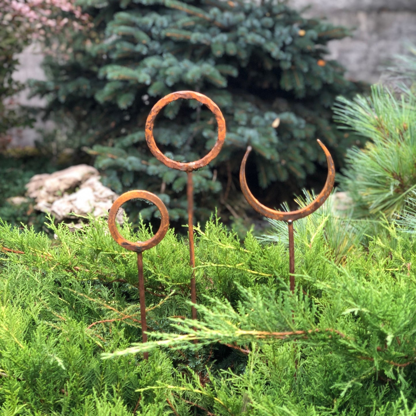 Set of 3 Rusty Metal Garden Stakes and Finials: Unique Rustic Metal Decor for Your Outdoor Garden.