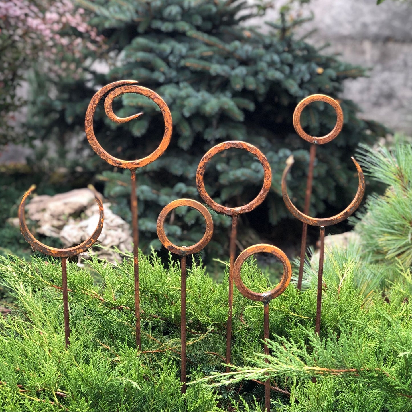 Set of 7 Rusty Metal Garden Stakes: Outdoor Yard Art and Decor.