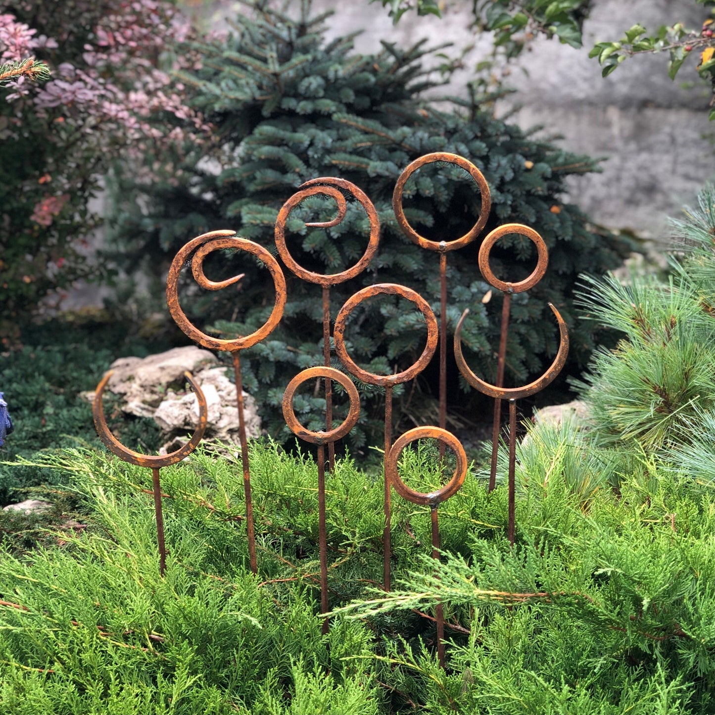 Set of 9 Rusty Metal garden stakes, Rusty metal ring decor