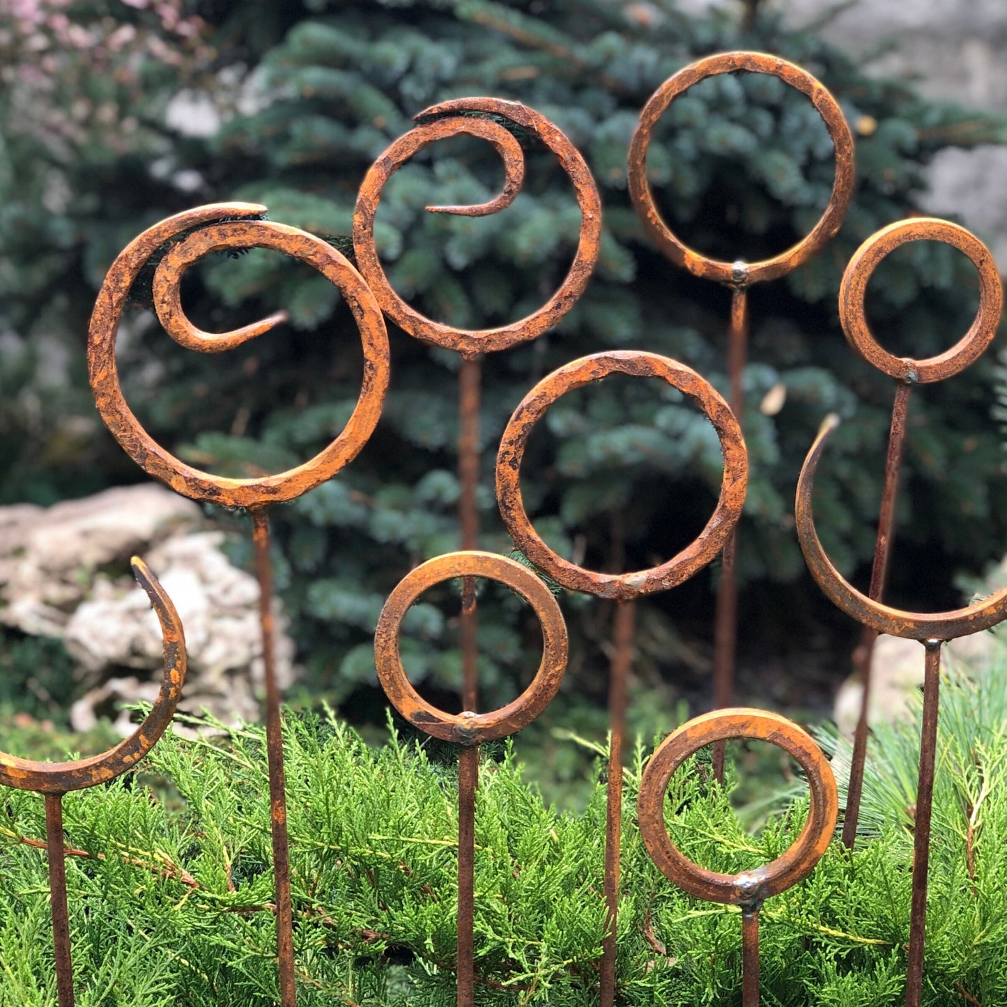 Set of 9 Rusty Metal garden stakes, Rusty metal ring decor