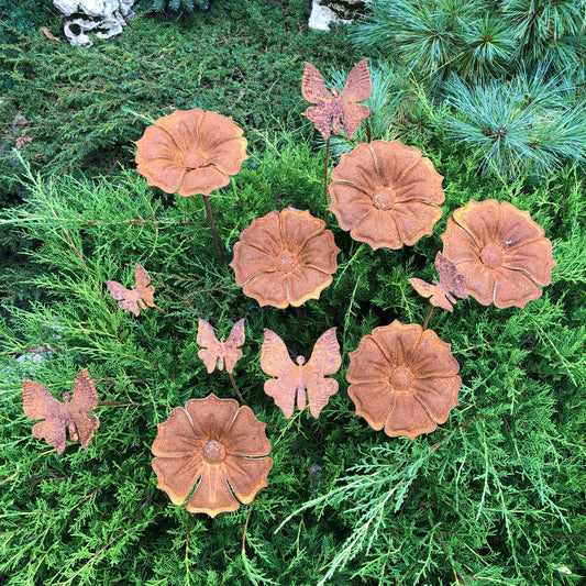 Rusty flowers&butterflies, Rusty flowers and butterflies garden stakes, Metal garden decor, metal yard art, outdoor metal decor