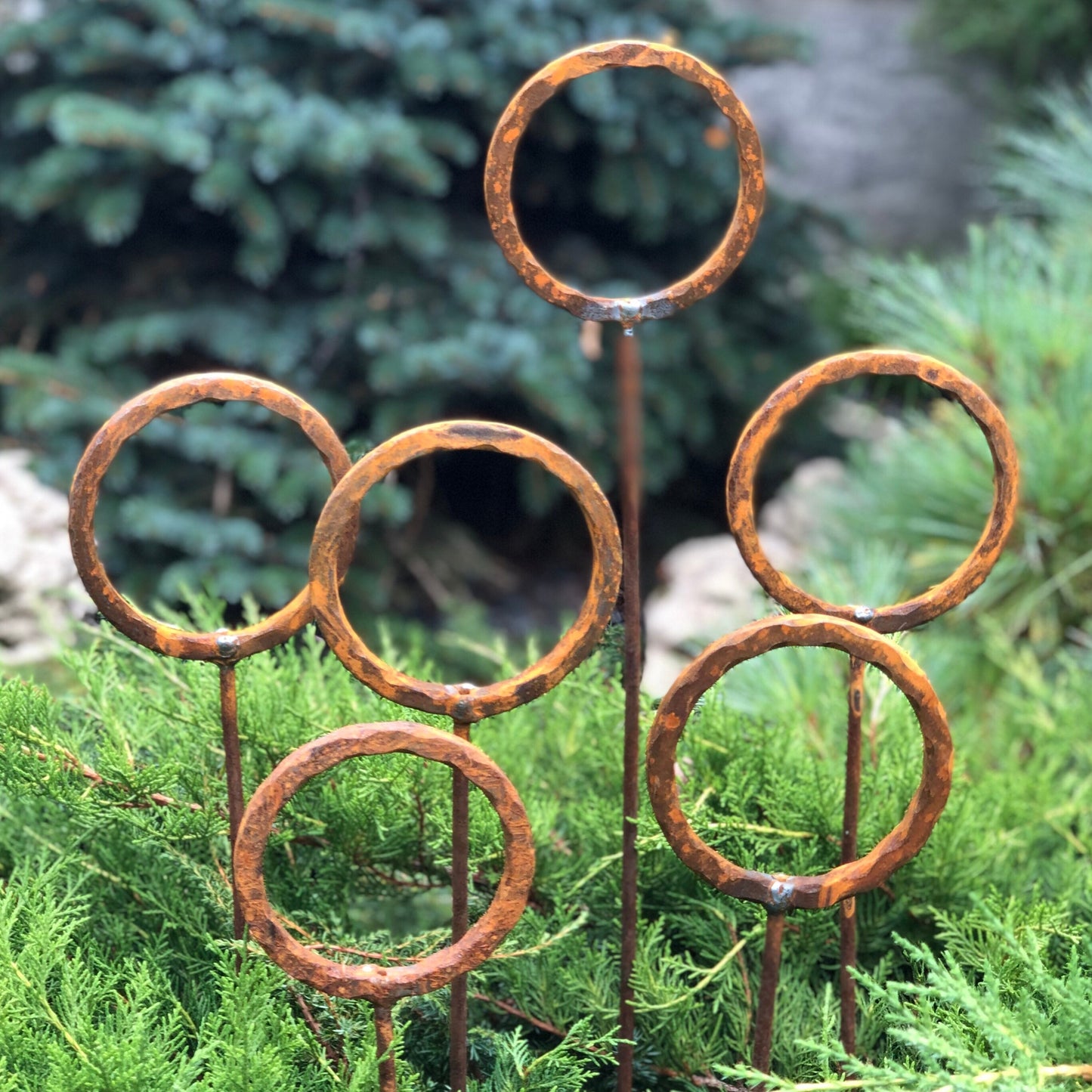 Set of 6 Rusty Metal Garden Stakes and Finials: Unique Outdoor Metal Yard Art and Decor.