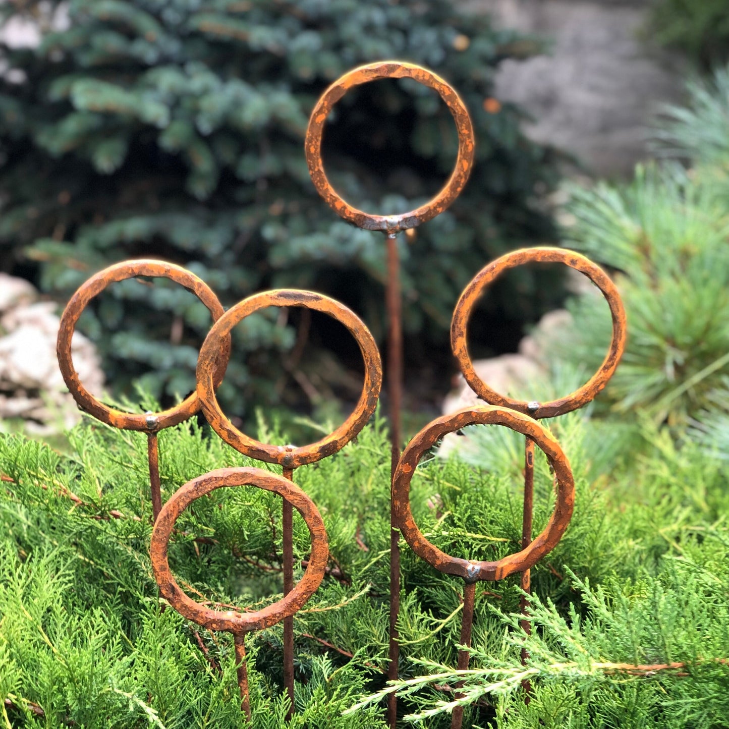 Set of 6 Rusty Metal Garden Stakes and Finials: Unique Outdoor Metal Yard Art and Decor.