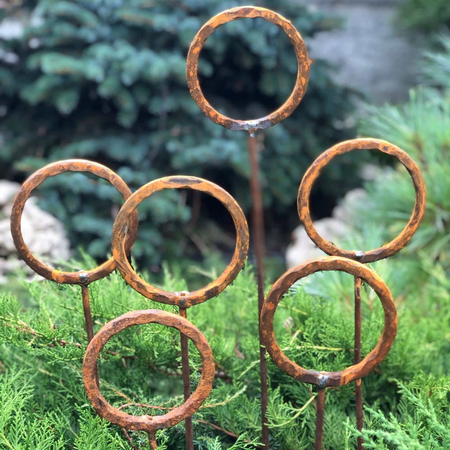 Set of 6 Rusty Metal Garden Stakes and Finials: Unique Outdoor Metal Yard Art and Decor.