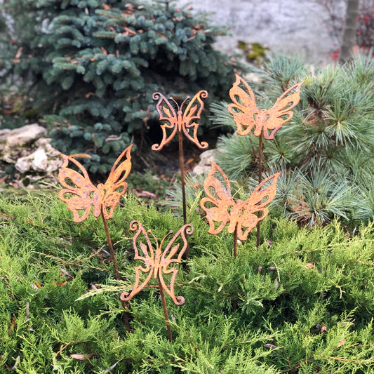 Rusty butterflies set of 5, Garden stakes, Metal garden decor, Garden art