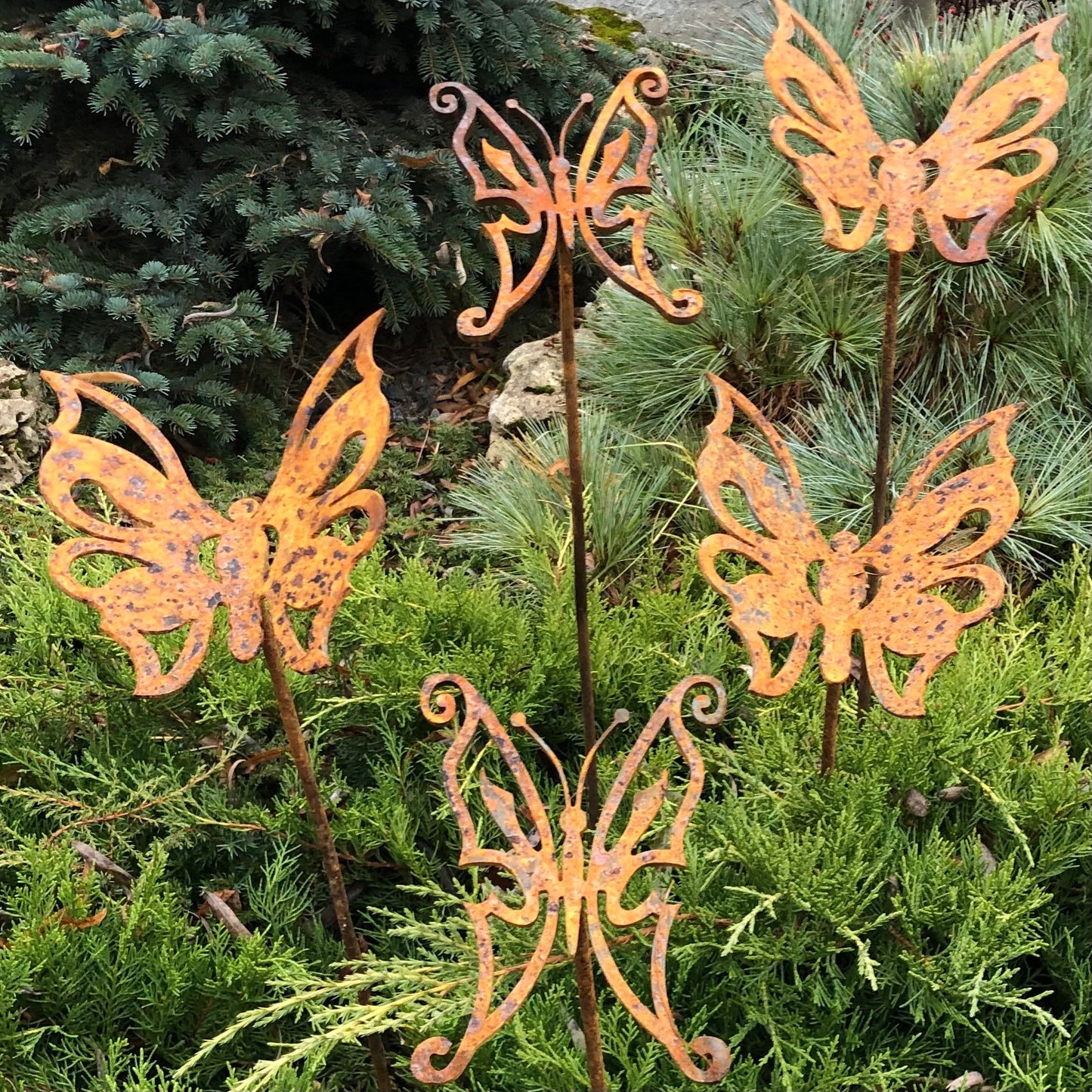 Rusty butterflies set of 5, Garden stakes, Metal garden decor, Garden art