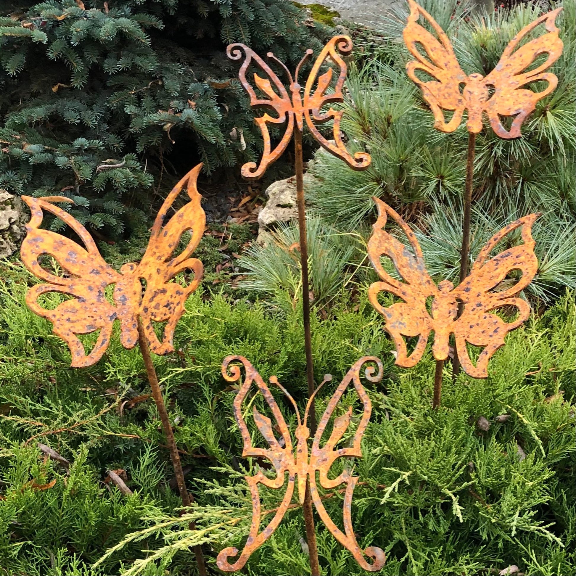 Rusty butterflies set of 5, Garden stakes, Metal garden decor, Garden art