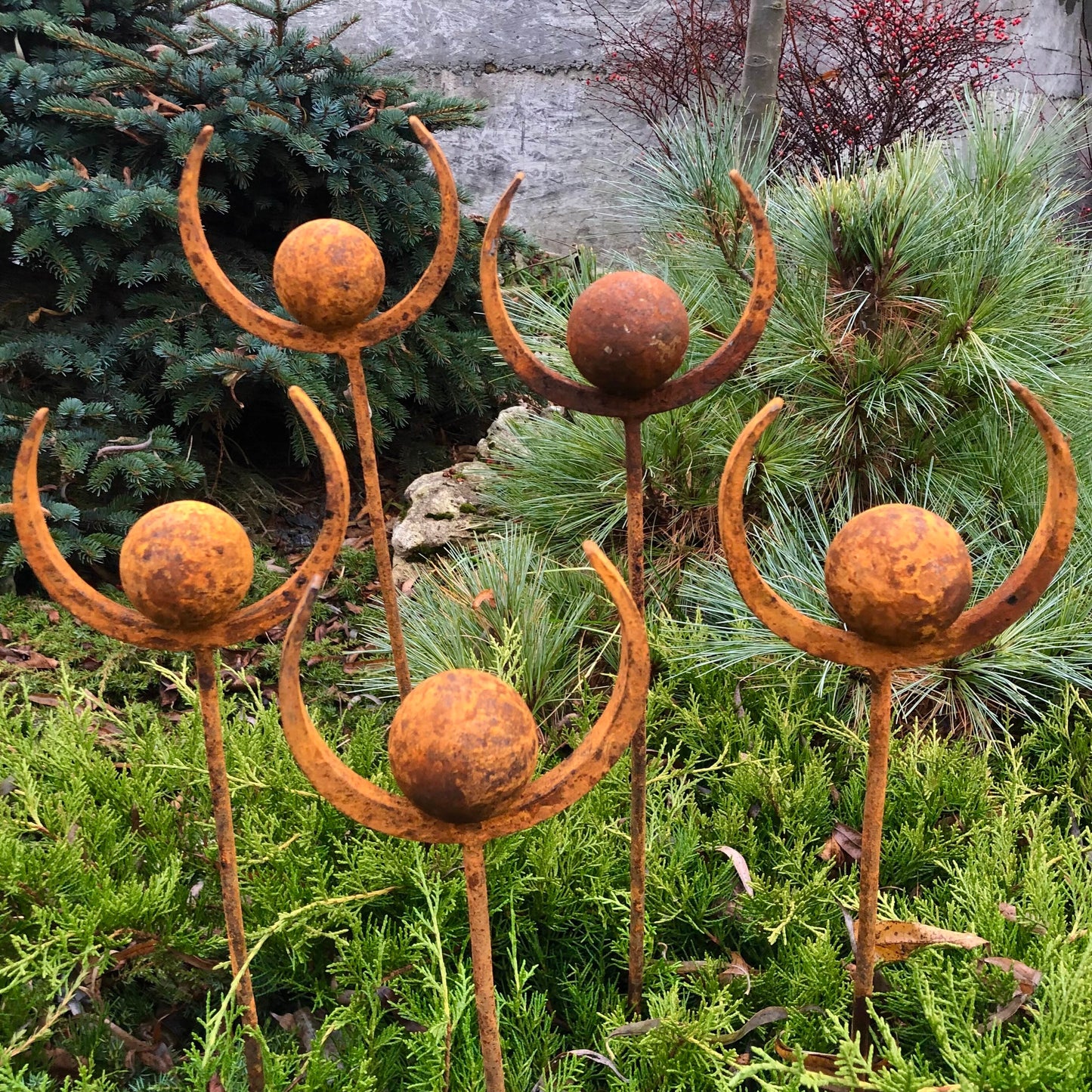 Set of 5 Rusty Metal Garden Stakes and Finials: Enhance Your Outdoor Space with Unique Metal Decor