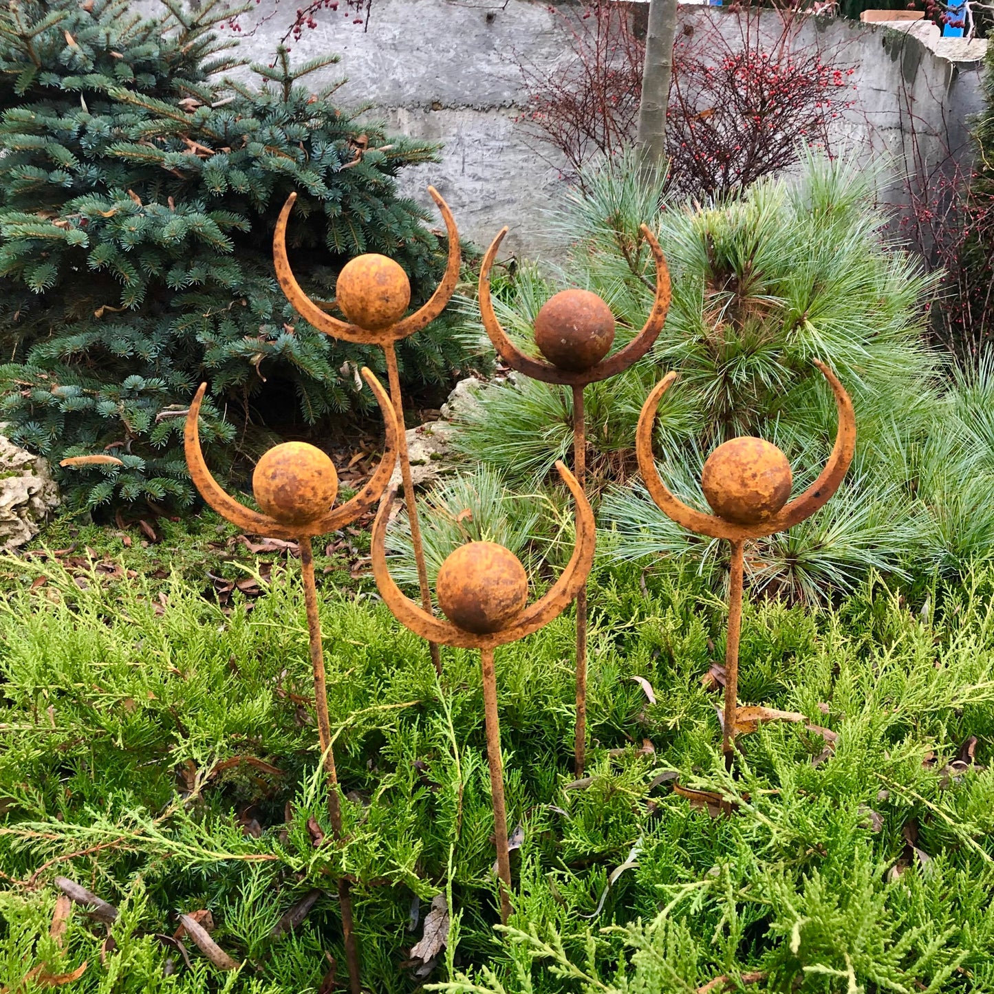 Set of 5 Rusty Metal Garden Stakes and Finials: Enhance Your Outdoor Space with Unique Metal Decor