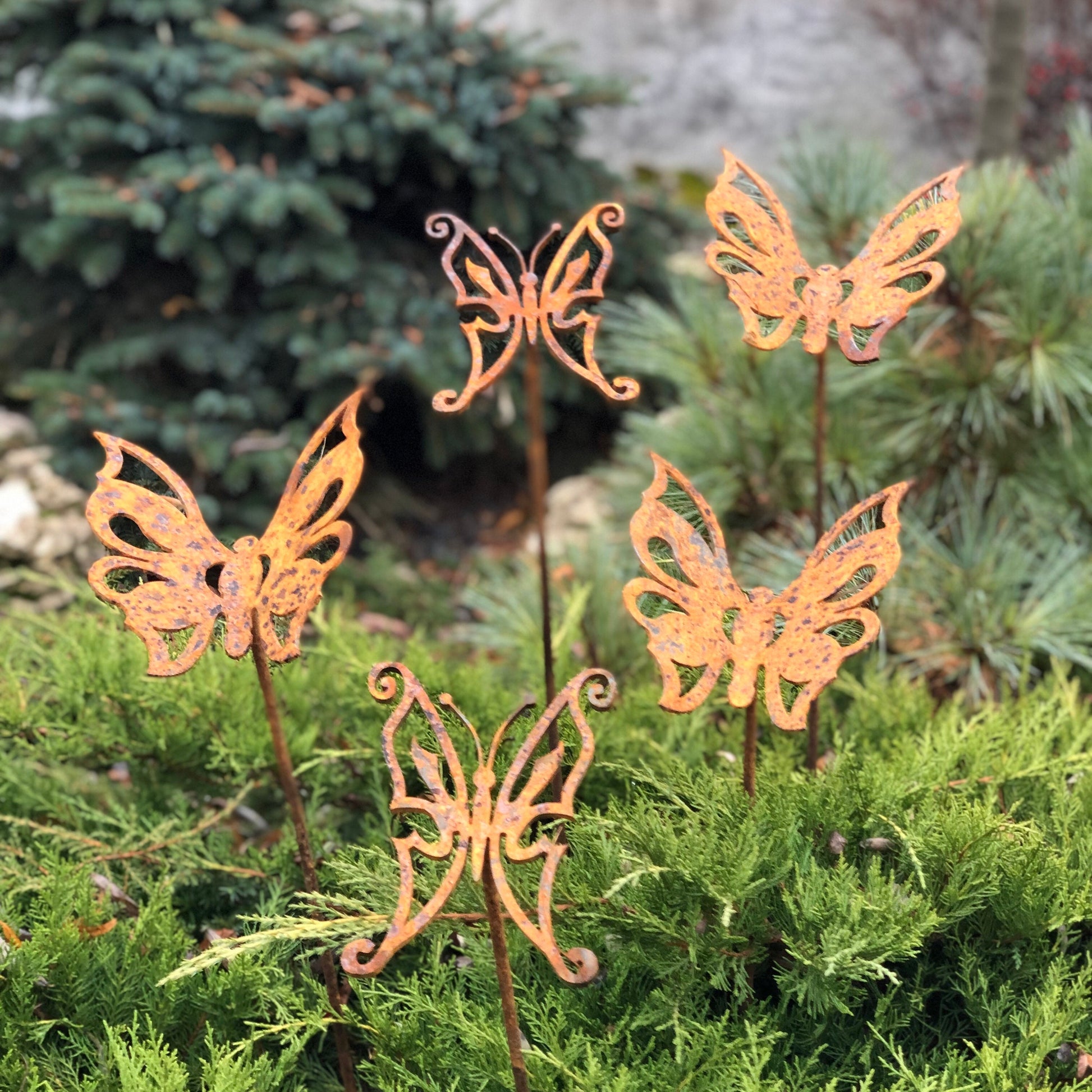 Rusty butterflies set of 5, Garden stakes, Metal garden decor, Garden art