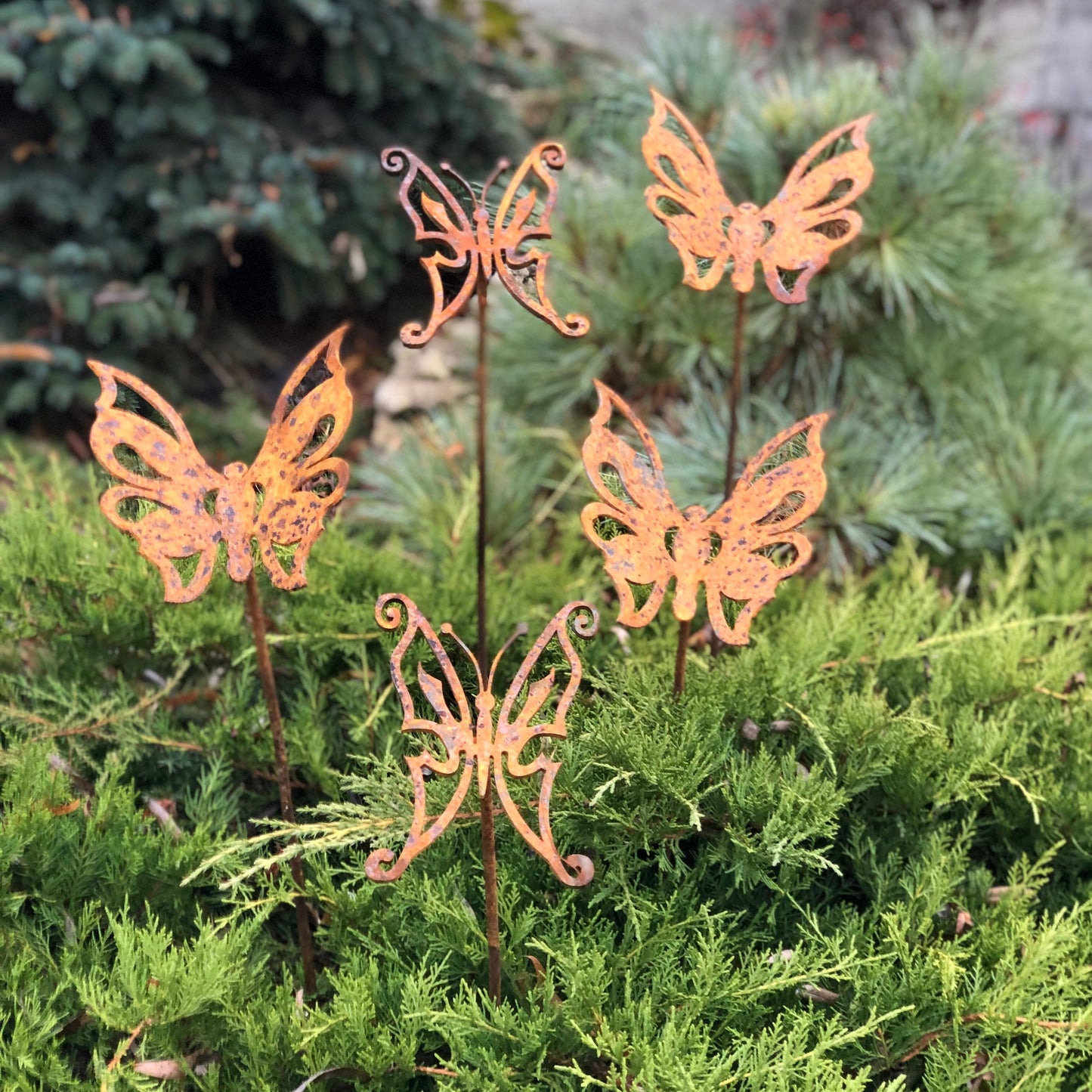 Rusty butterflies set of 5, Garden stakes, Metal garden decor, Garden art