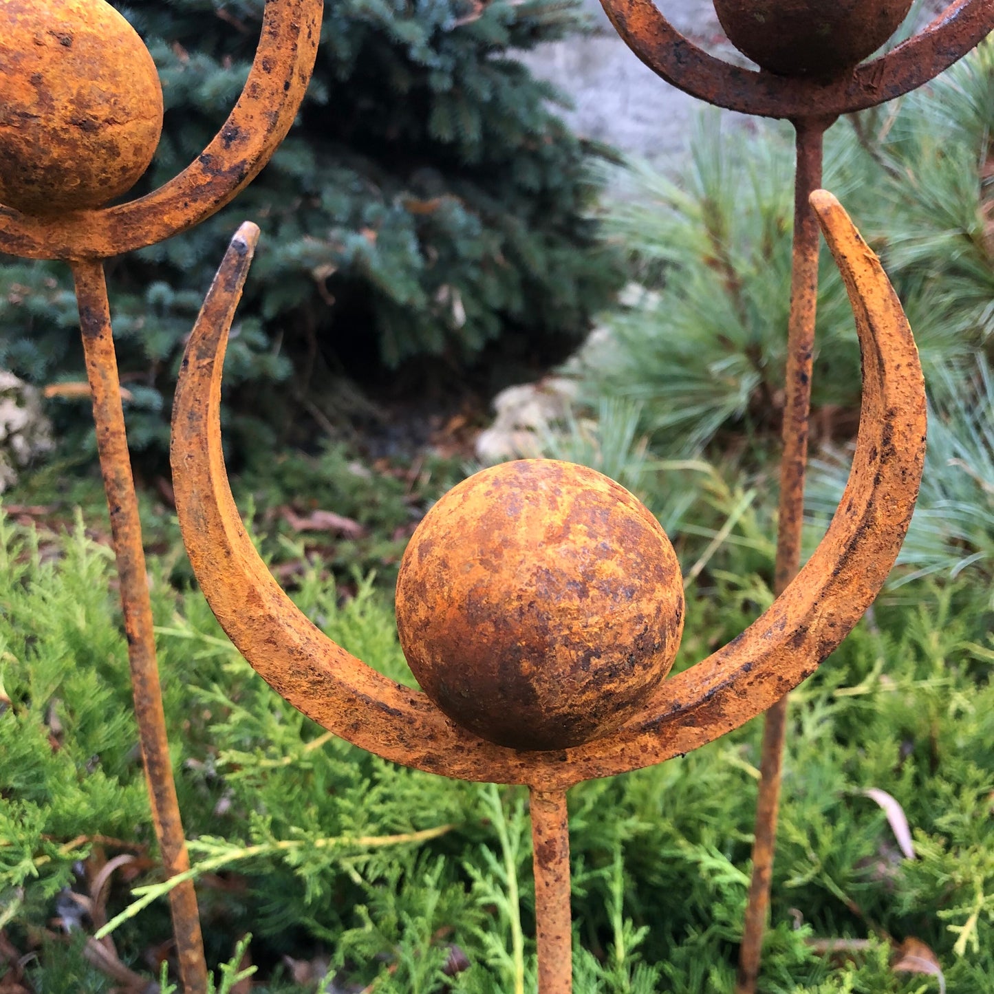 Set of 5 Rusty Metal Garden Stakes and Finials: Enhance Your Outdoor Space with Unique Metal Decor