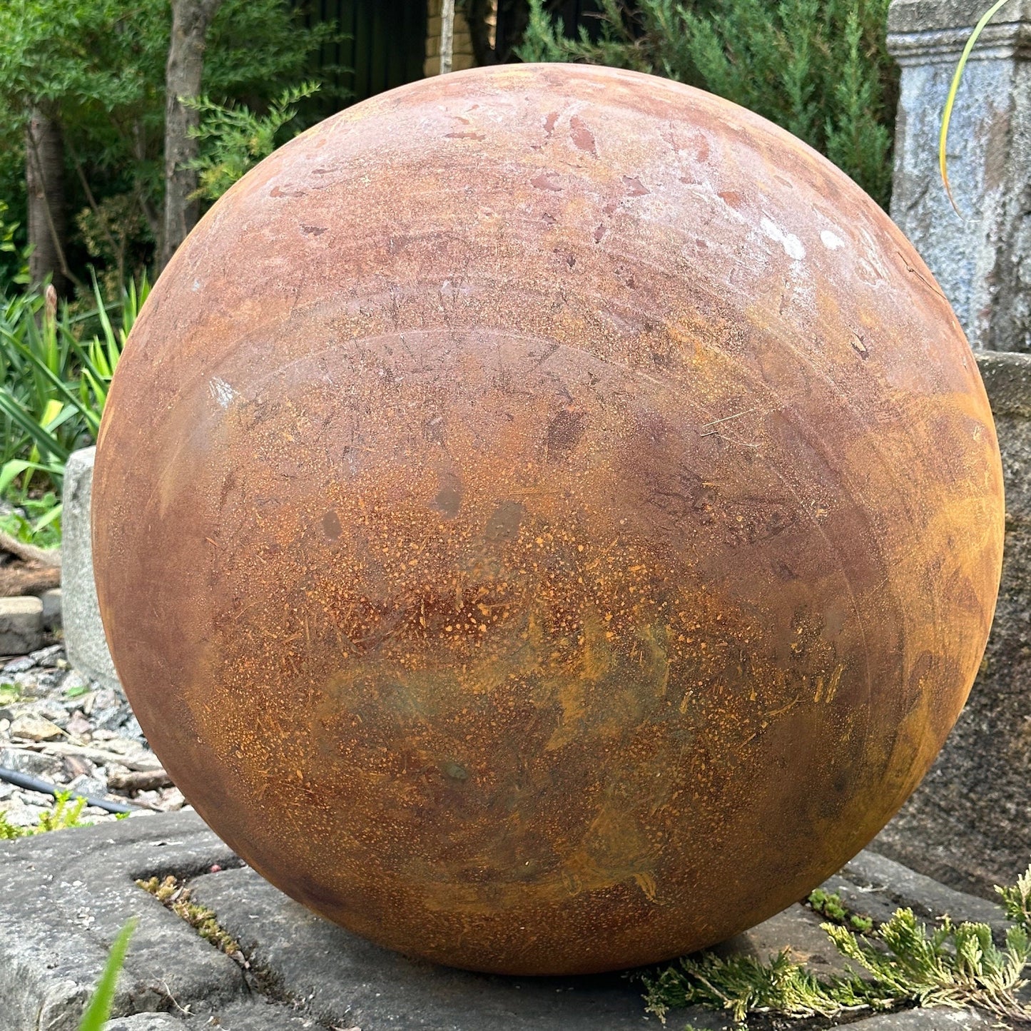 Big 27” Rusty Metal Sphere Outdoor Garden Decor - Zen Garden Globe Sculpture