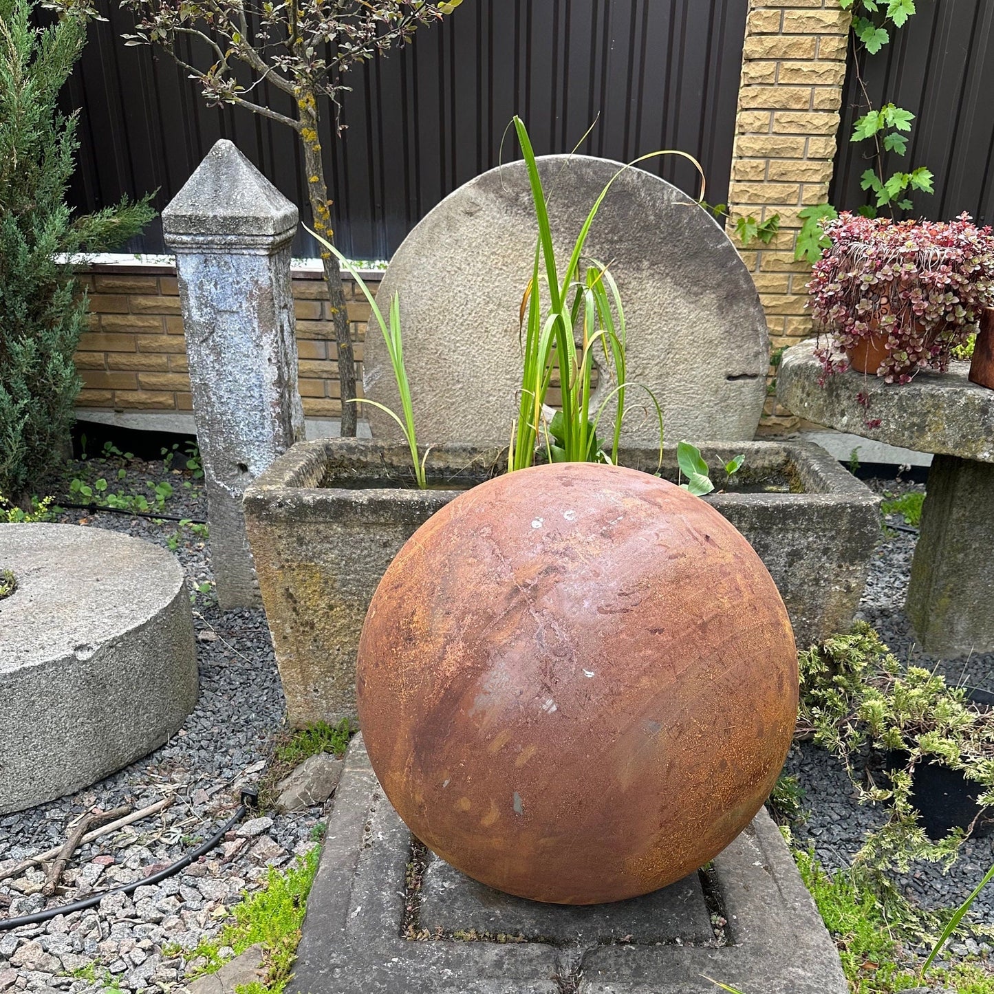 Big 27” Rusty Metal Sphere Outdoor Garden Decor - Zen Garden Globe Sculpture