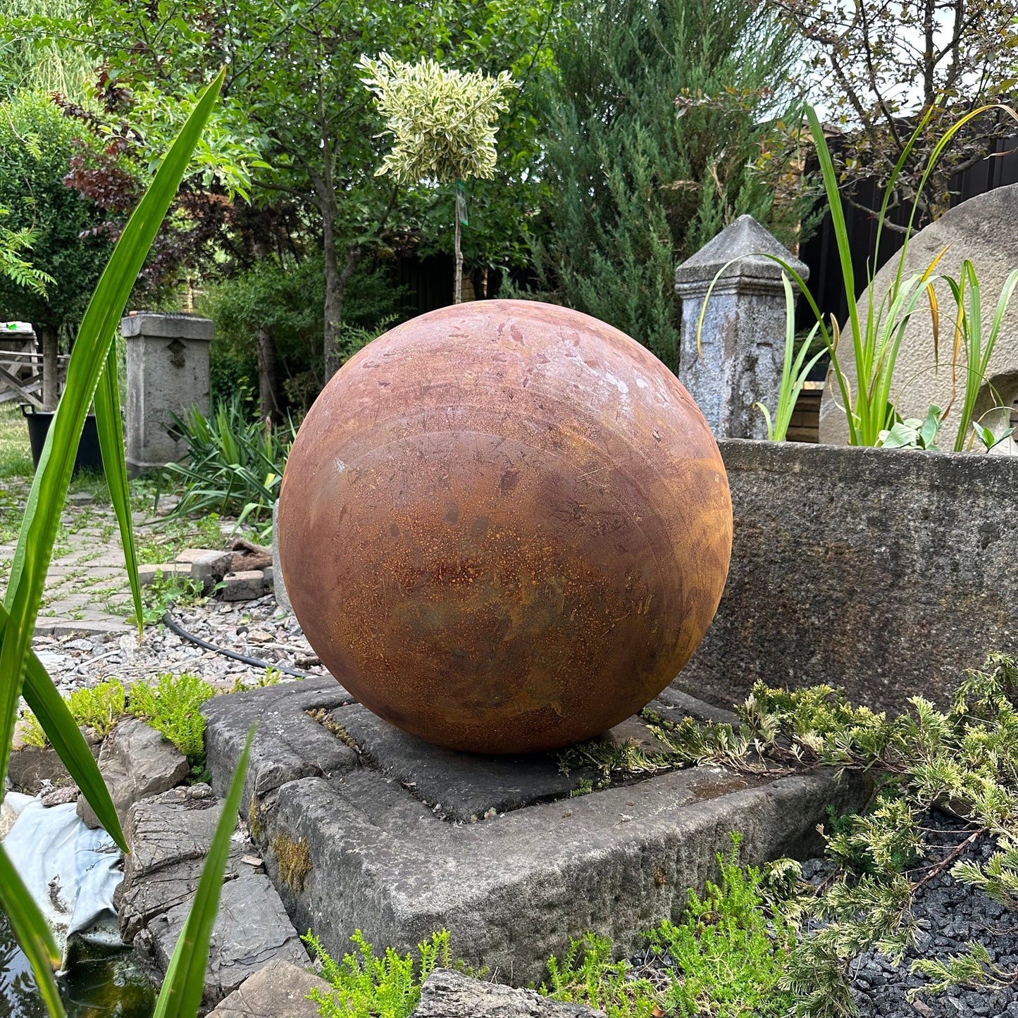 Big 27” Rusty Metal Sphere Outdoor Garden Decor - Zen Garden Globe Sculpture