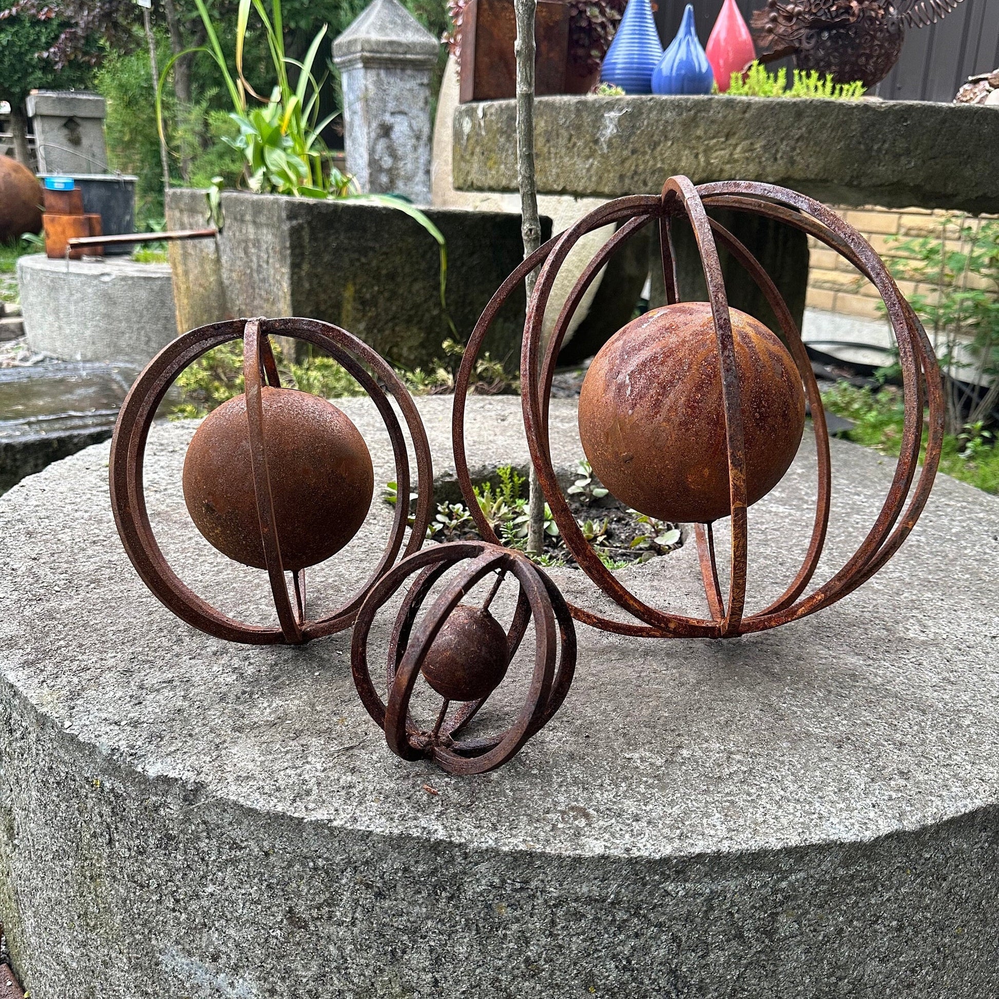 Set of 3 Rusty Metal Spheres Outdoor Garden Decor - Give a Touch of Zen Art