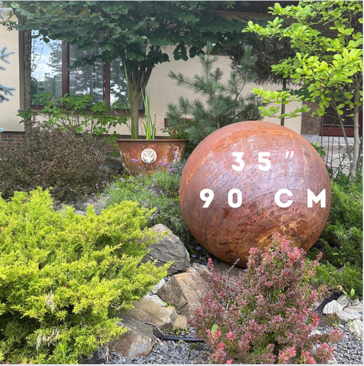 Big 35” Rusty Metal Sphere Outdoor Garden Decor - Zen Garden Globe Sculpture