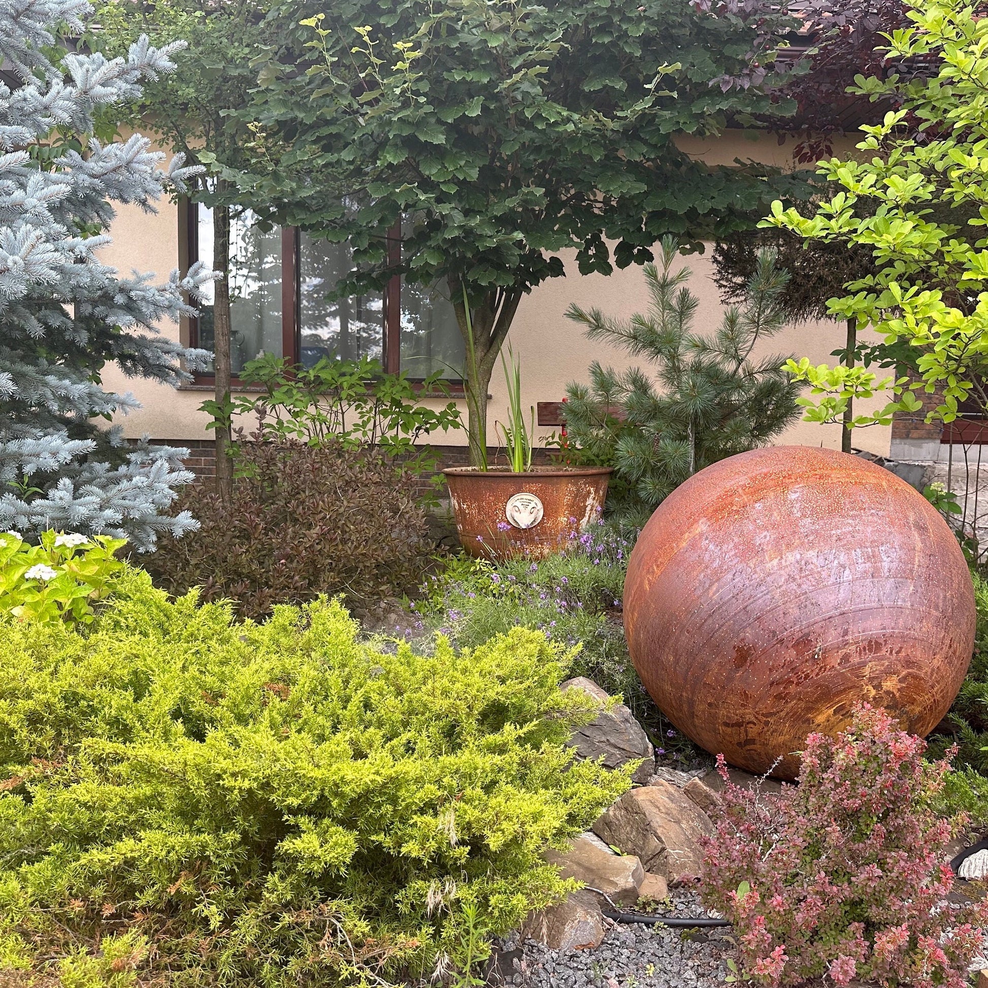 Big 35” Rusty Metal Sphere Outdoor Garden Decor - Zen Garden Globe Sculpture