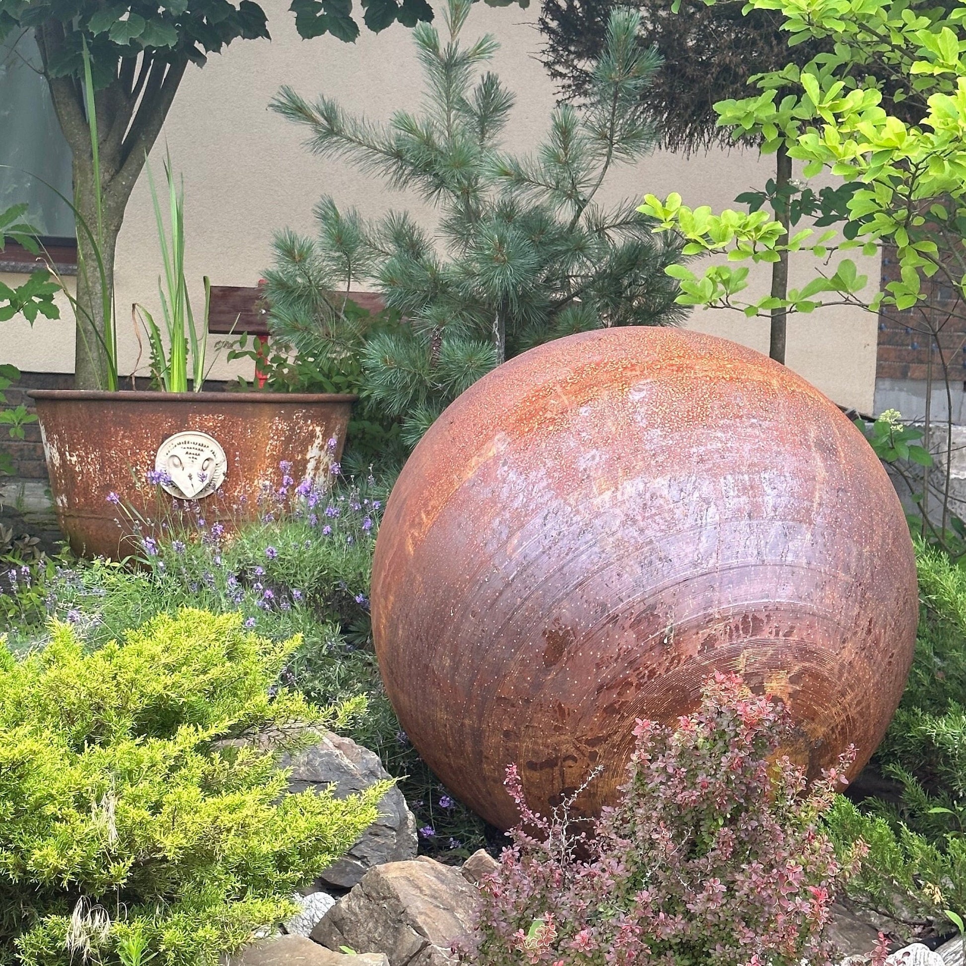 Big 35” Rusty Metal Sphere Outdoor Garden Decor - Zen Garden Globe Sculpture