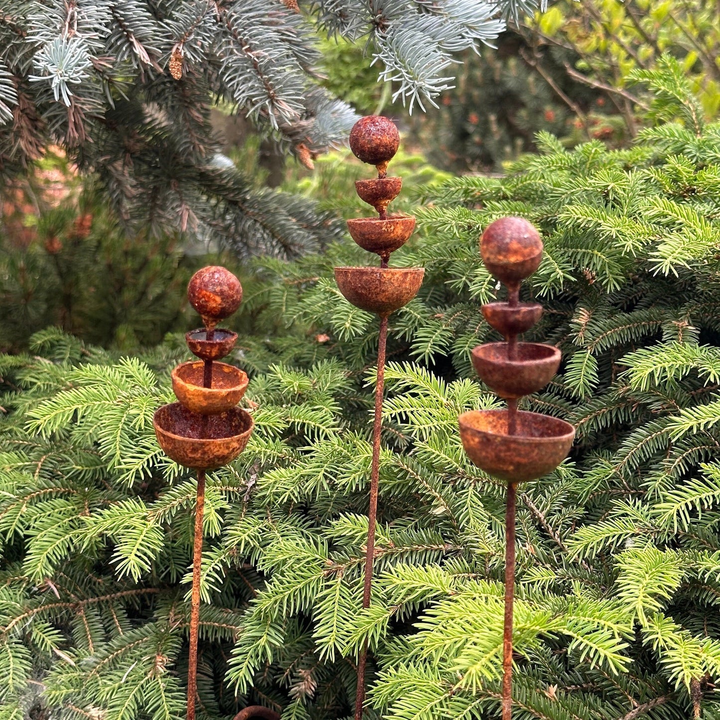 Set of 3 Rusty Tiny Flower Garden Stakes: Elevate Your Outdoor Space with Metal Flower Garden Decor and Metal Garden Decor.