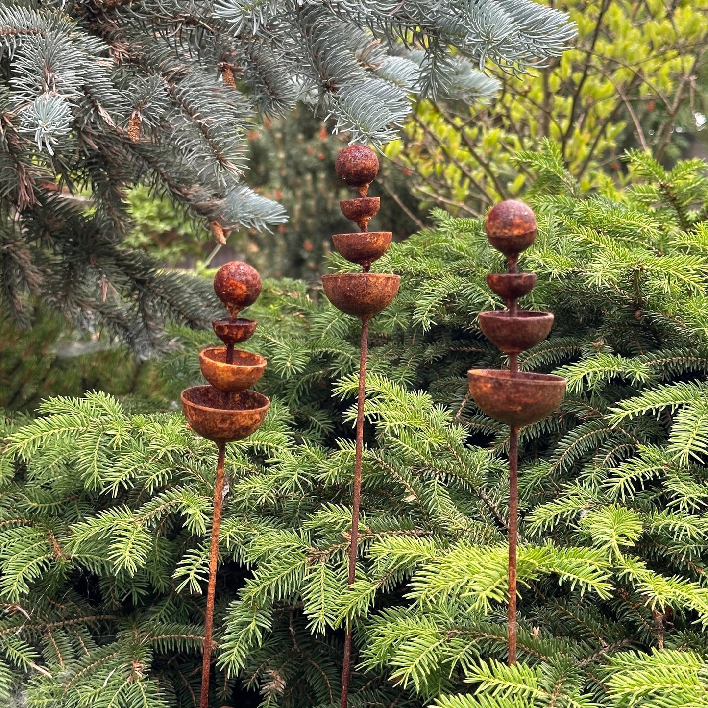 Set of 3 Rusty Tiny Flower Garden Stakes: Elevate Your Outdoor Space with Metal Flower Garden Decor and Metal Garden Decor.