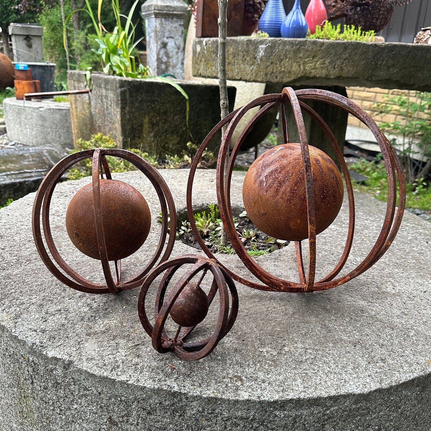 Set of 3 Rusty Metal Spheres Outdoor Garden Decor - Give a Touch of Zen Art