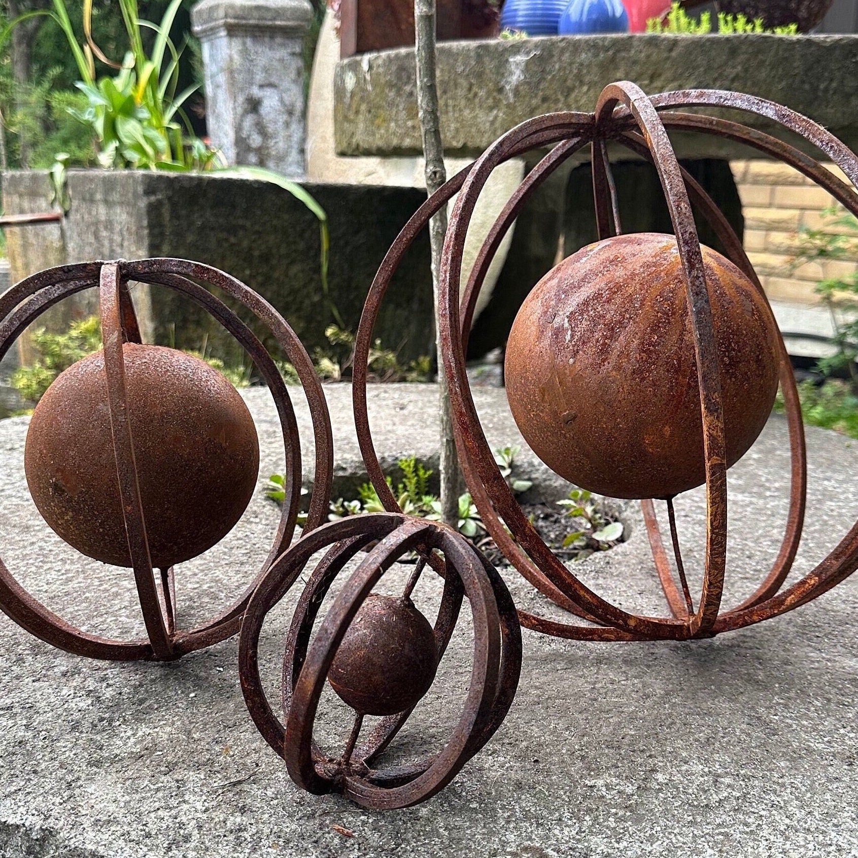 Set of 3 Rusty Metal Spheres Outdoor Garden Decor - Give a Touch of Zen Art