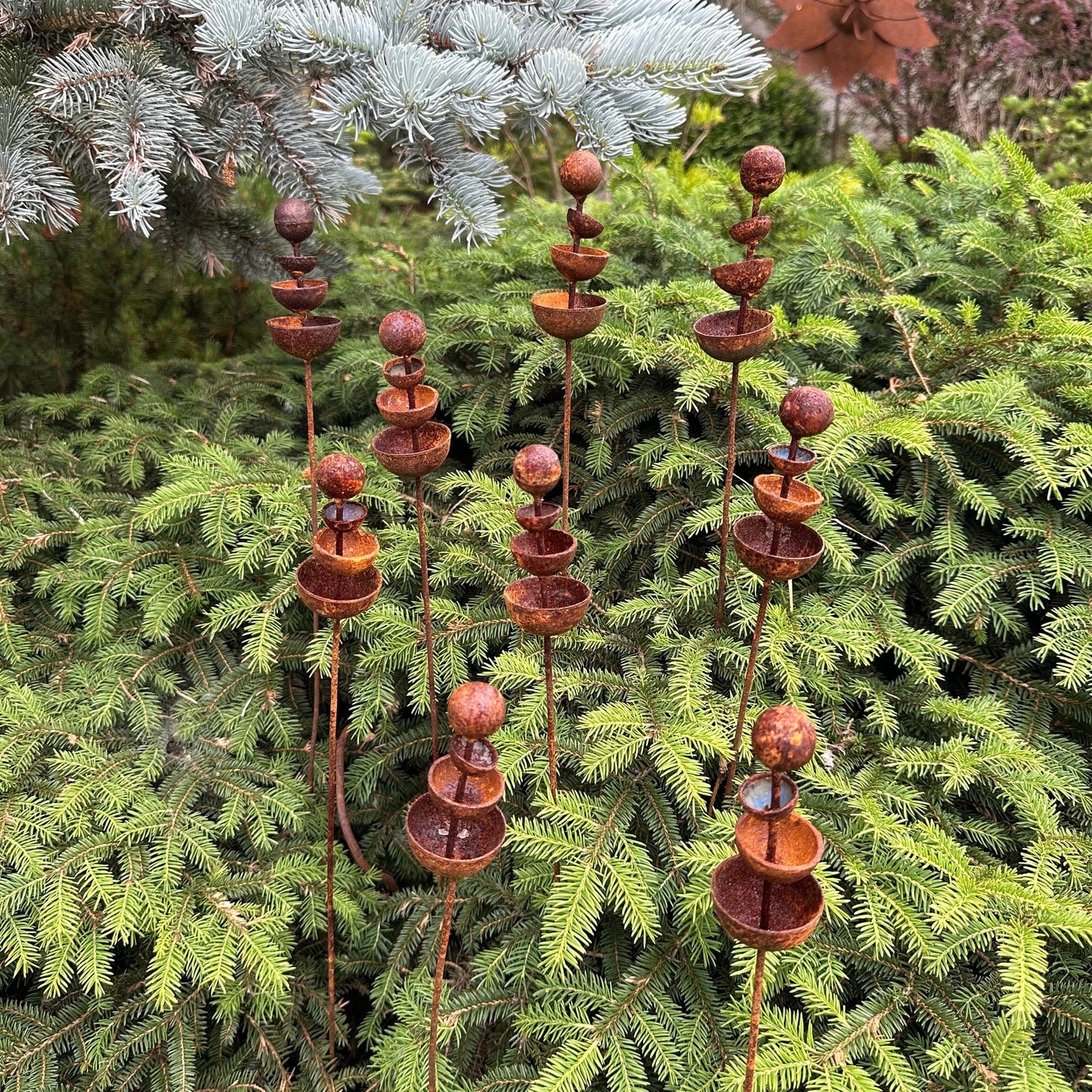 Set of 9 Rusty Tiny Flower Garden Stakes: Metal Flower Garden Decor, Perfect for Outdoor Metal Garden Decor.